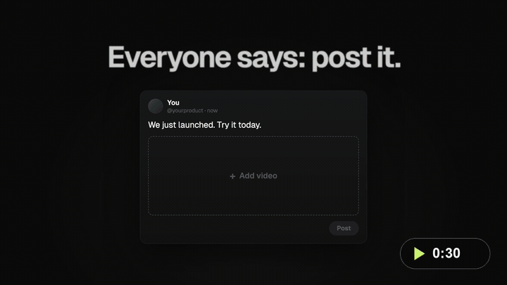 Launch film preview: You shipped something. Everyone says: post it. But where's the video? Then the templates, one sentence to Claude Code, and every feed